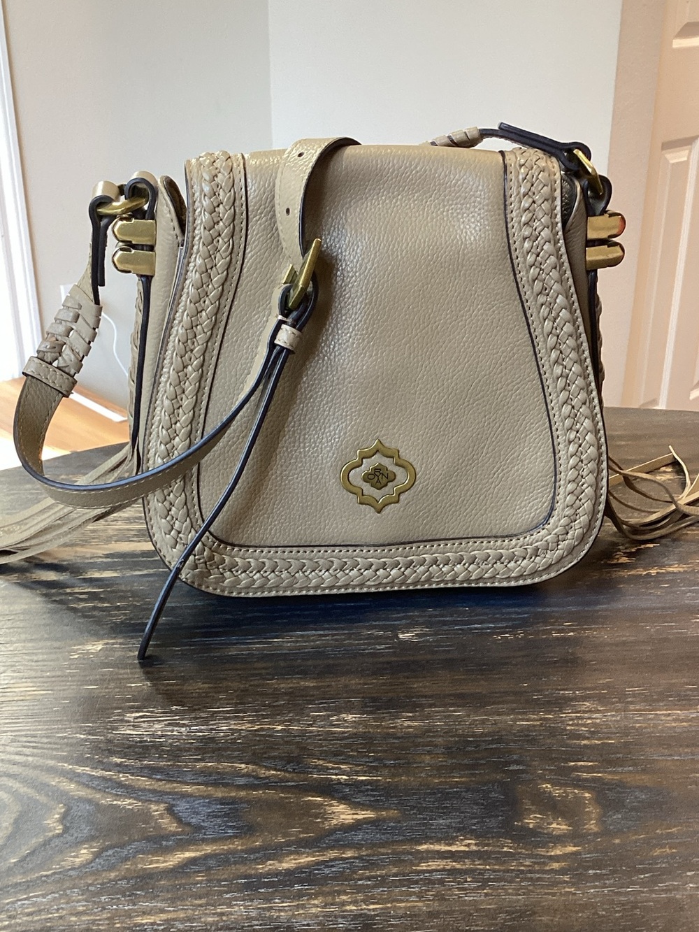orYANY Margaret Taupe Leather Saddle Bag with Whipstitch Braided Detail